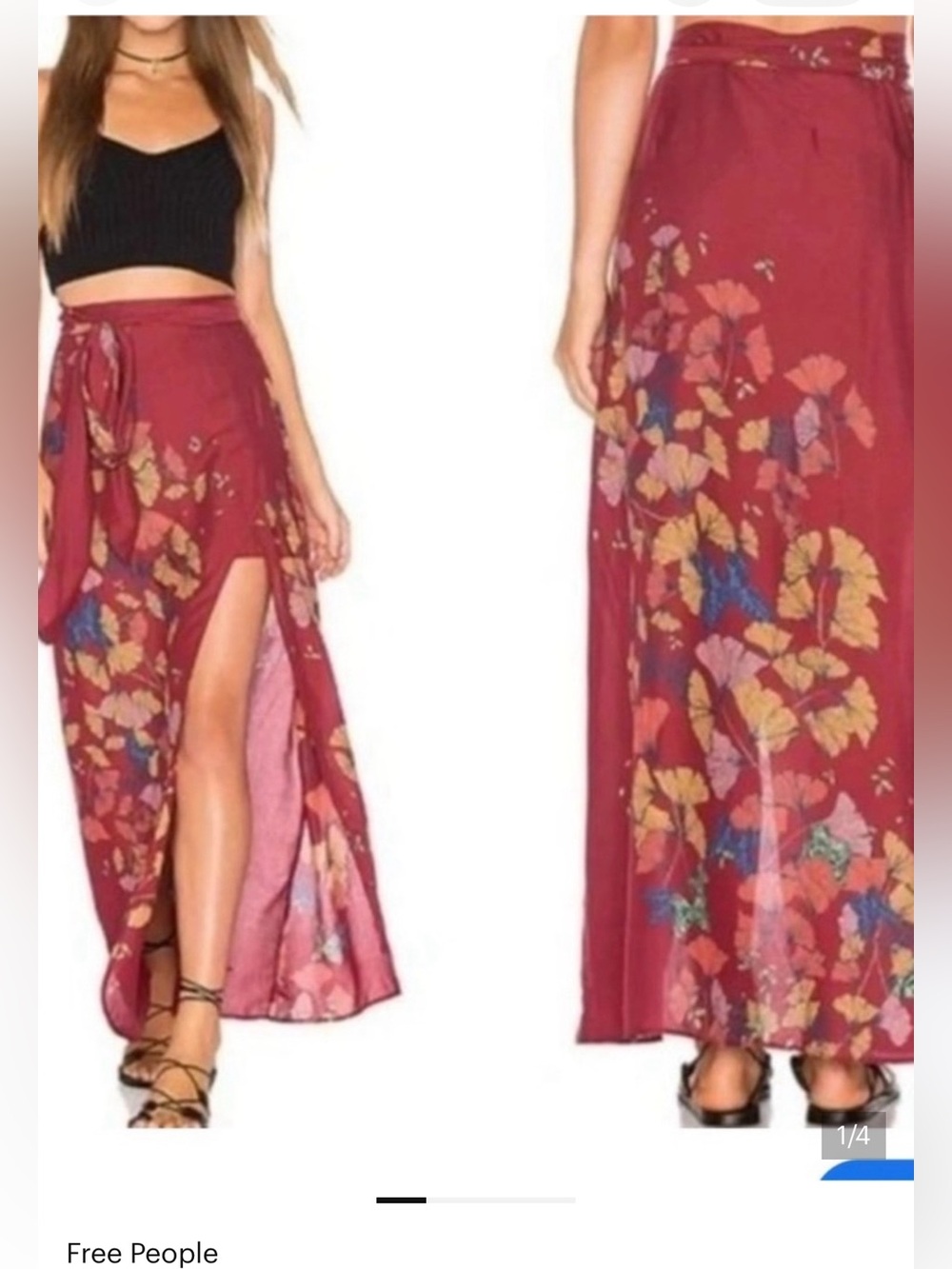Free People Crimson Floral Wrap Maxi Skirt